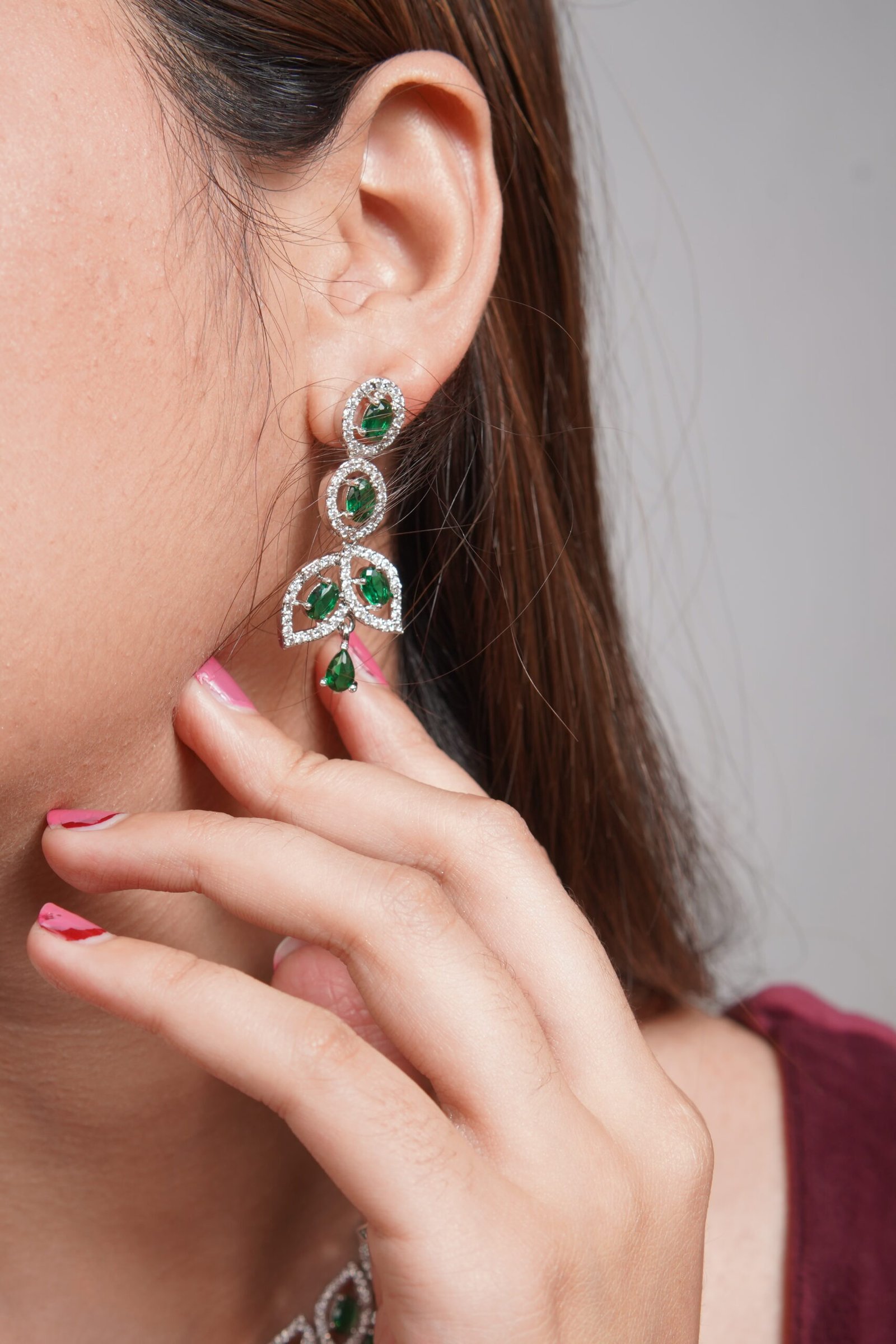 Floral Teardrop Emerald & American Diamond Chandelier Earrings