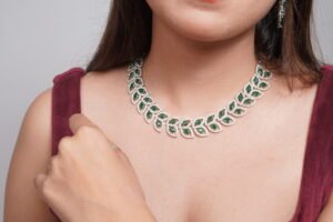 Royal Emerald Leaf American Diamond Collar Necklace