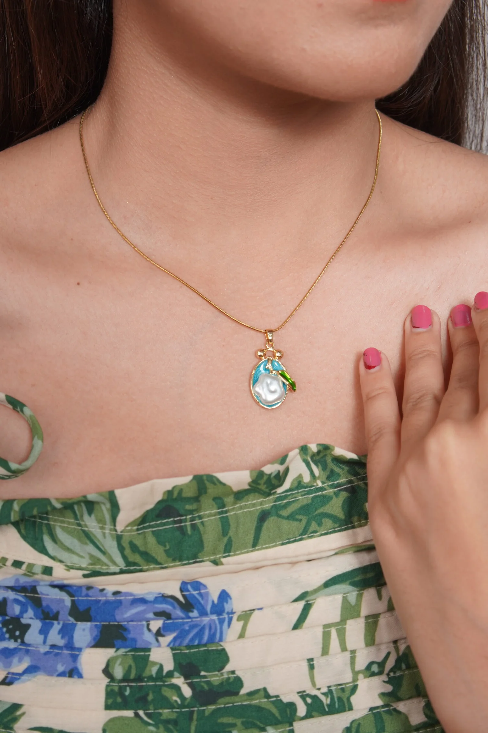 Coastal Shell & stud Turquoise Enamel Pendant Necklace